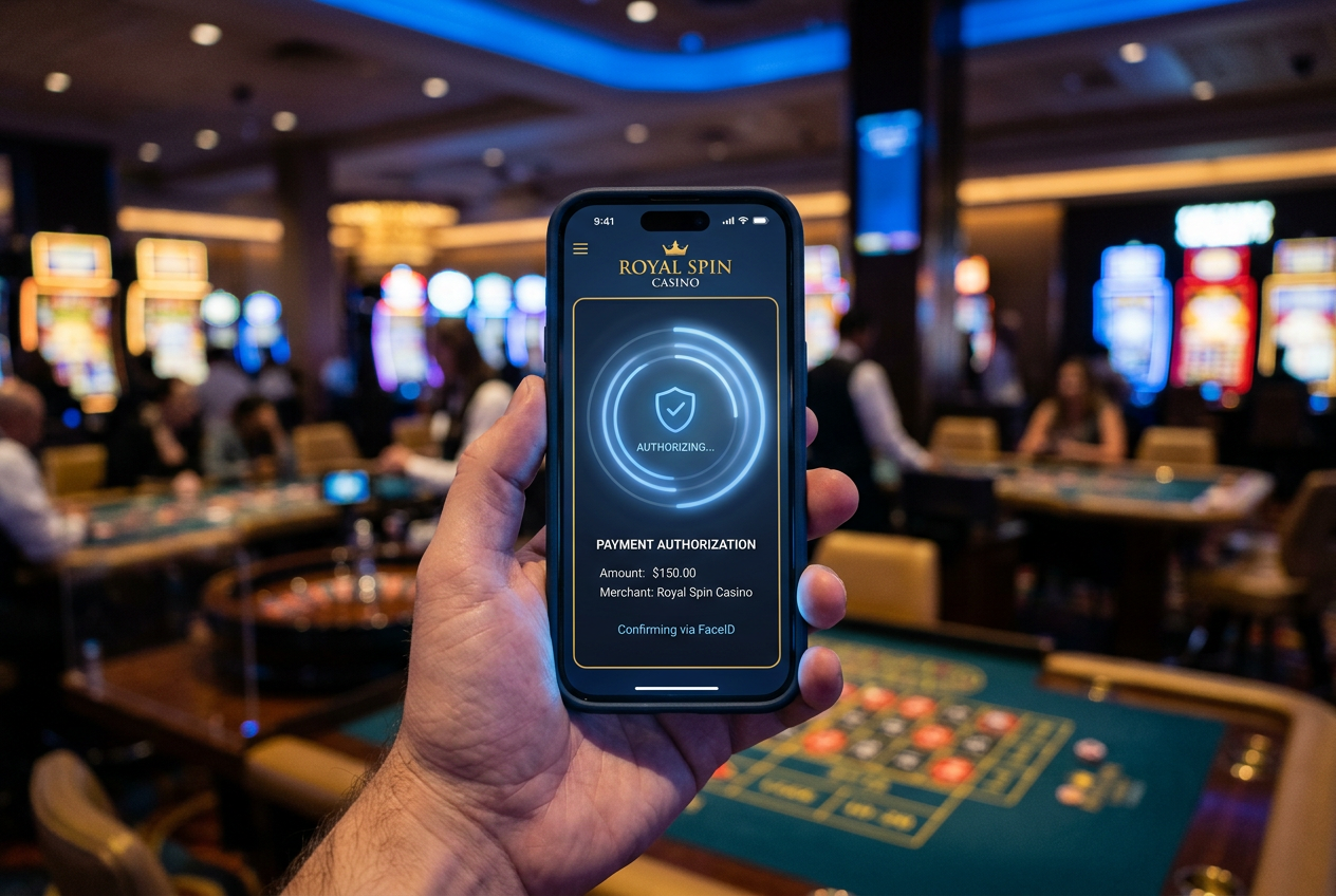 Hand holding a phone with biometric authentication active for a casino app payment