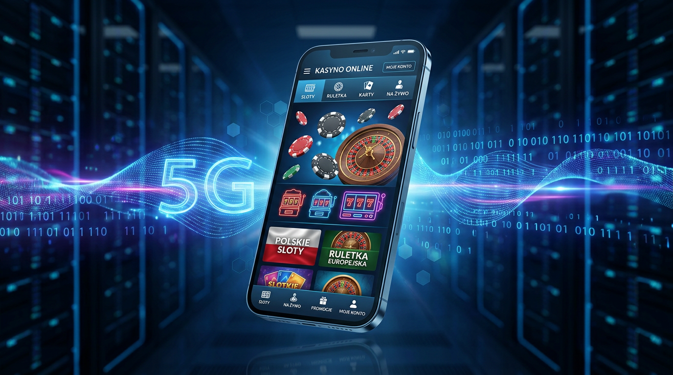 Futuristic smartphone with a modern casino app interface featuring 3D gambling elements and 5G technology symbols