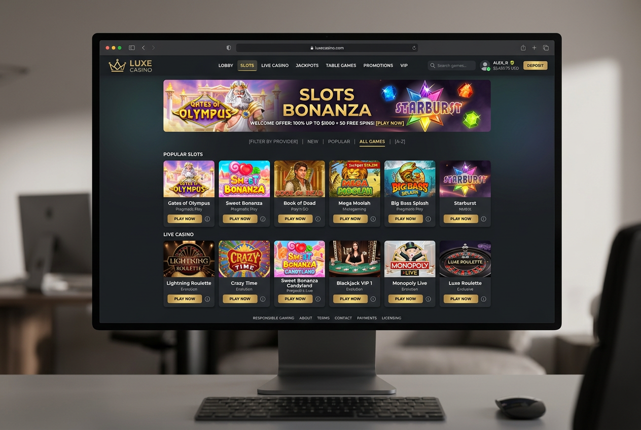 Nowoczesny interfejs lobby kasyna online na ekranie desktopowym z kategoriami gier