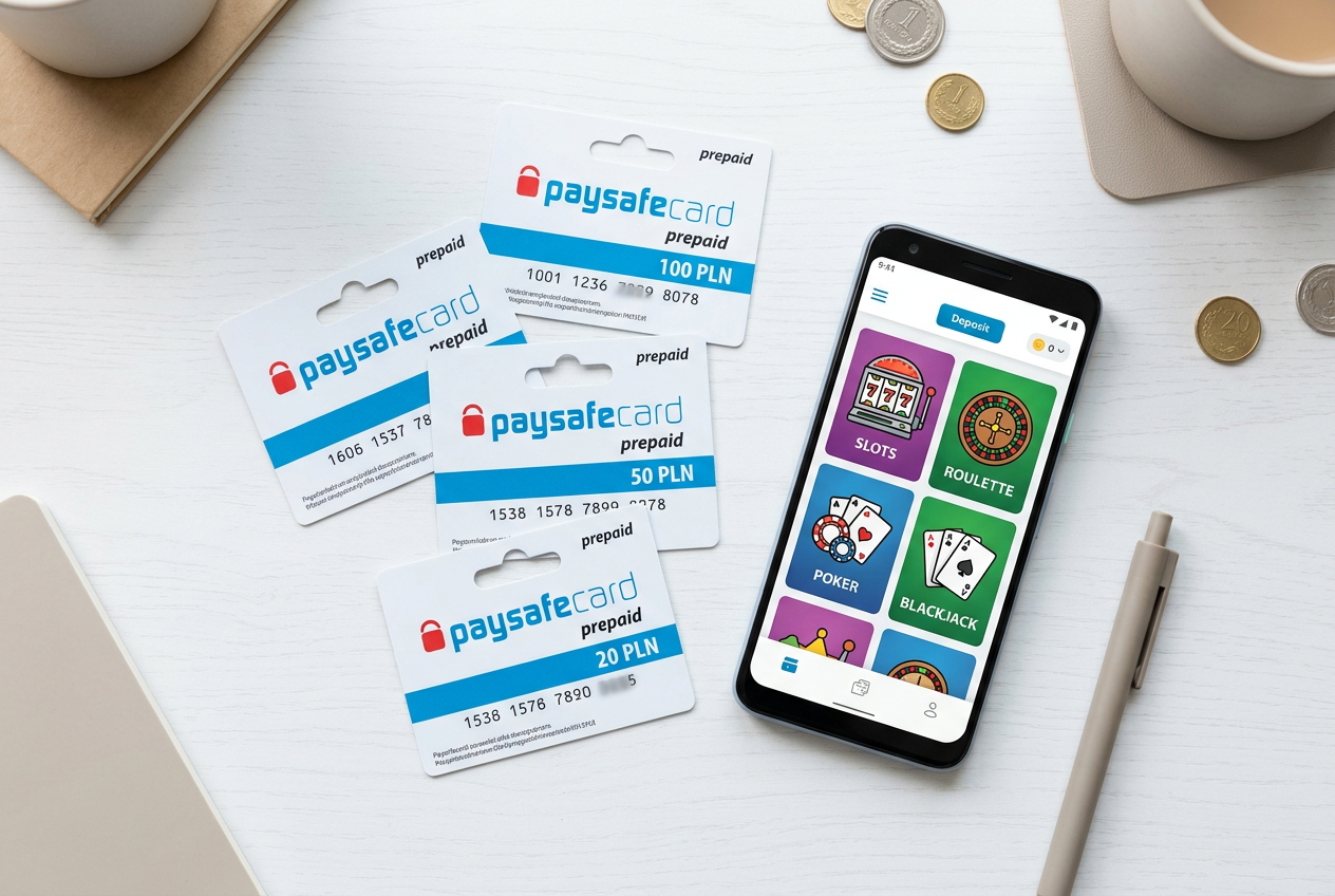 Zestawienie voucherów Paysafecard oraz logotypów popularnych kasyn internetowych w Polsce